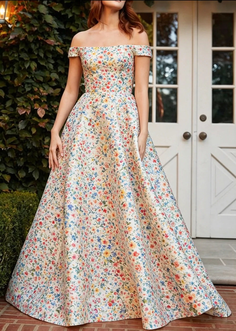 

Women's Sexy Off Shoulder Ditsy Floral Print Maxi Dress High Waist A Line Long Dress Elegant Garden Party Vacation Outfit