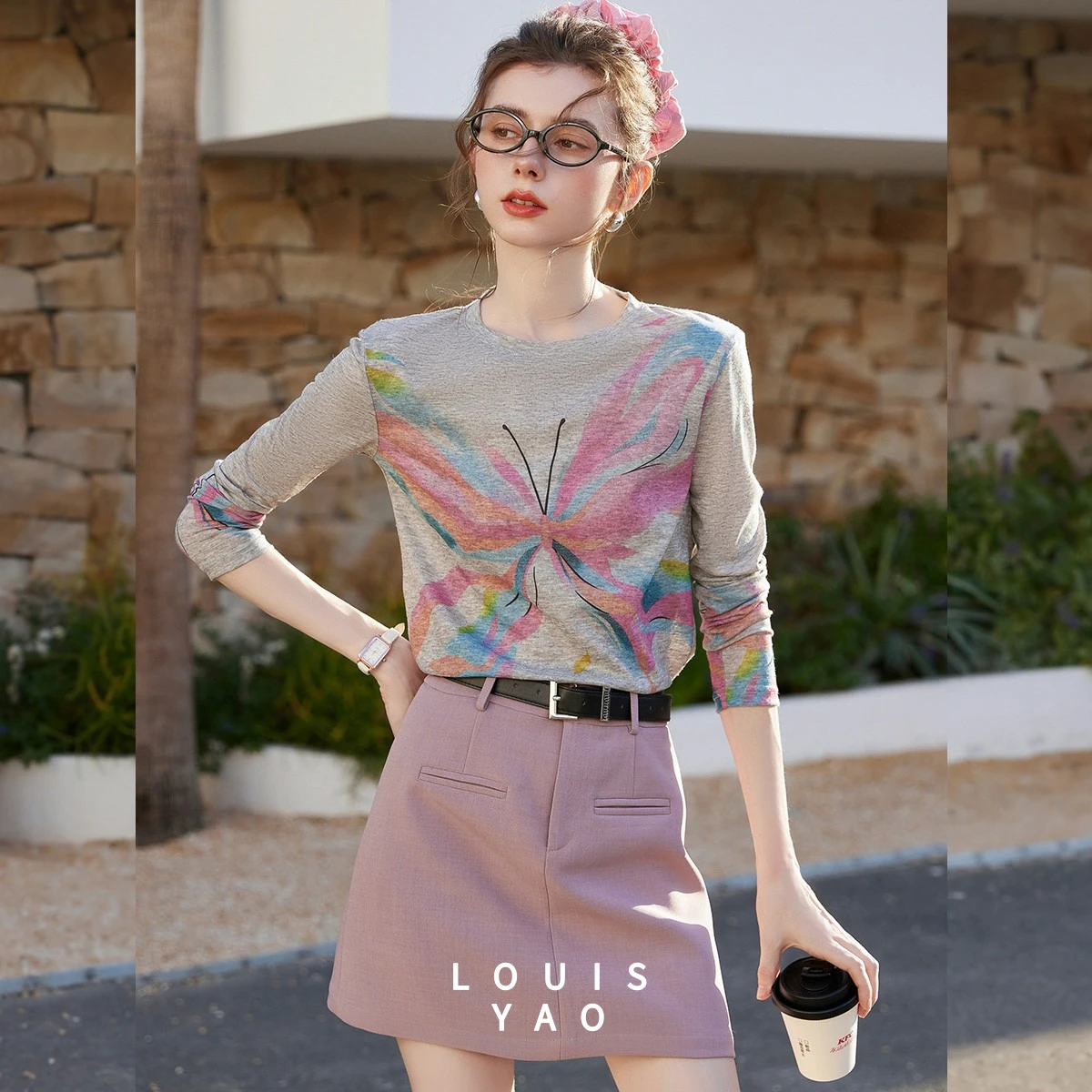 

LOUISYAO 2026 Spring New Butterfly Pattern Long Sleeve T-Shirt Women Regular Fit Crew Neck Slightly Stretch Knit Top