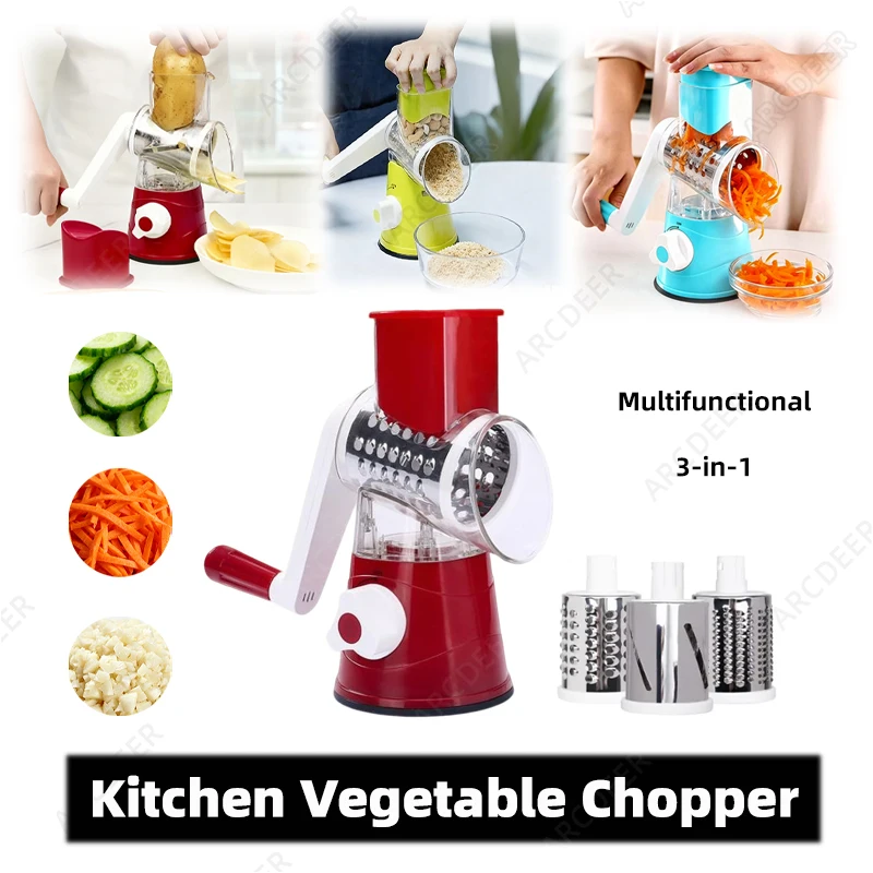 

1pc Vegetable Cutter Slicer Manual Kitchen Cheese Chopper Machine with 3 Sharp Drums Multifunctional Rotate Slicer Potato Garlic