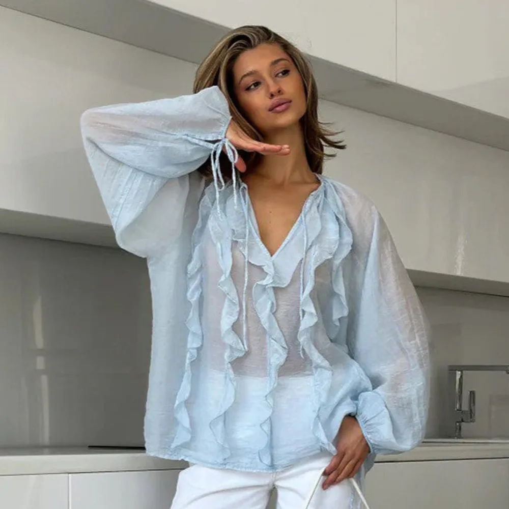 

Wolfeel 2026 summer New Shirt Sleeve French V-neck Ruffled Lace Up Lantern Loose Shirt Semi Transparent Thin
