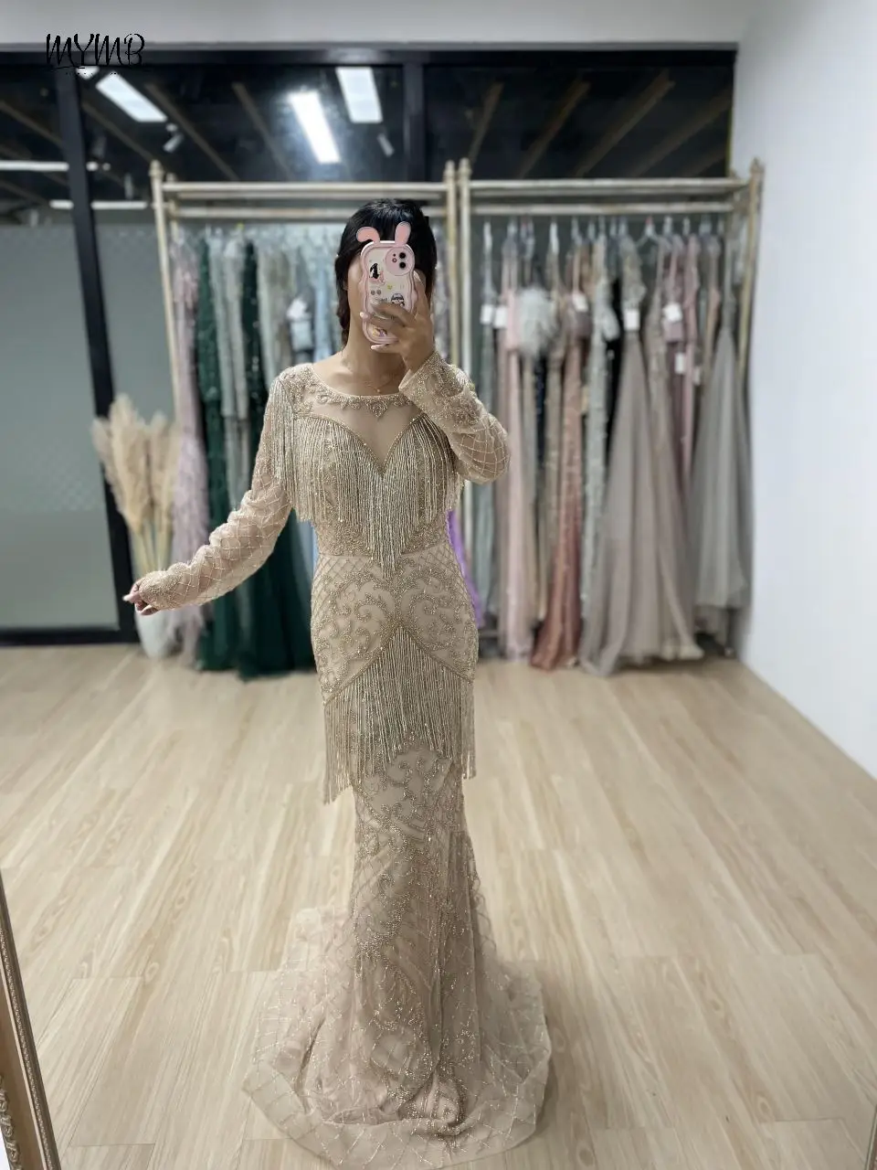 MYMB Gold Dubai Gorgerous Mermaid Beaded Tassel Evening Dresses for Women Wedding Party Arabic Long Sleeves Ball Gowns MB40097