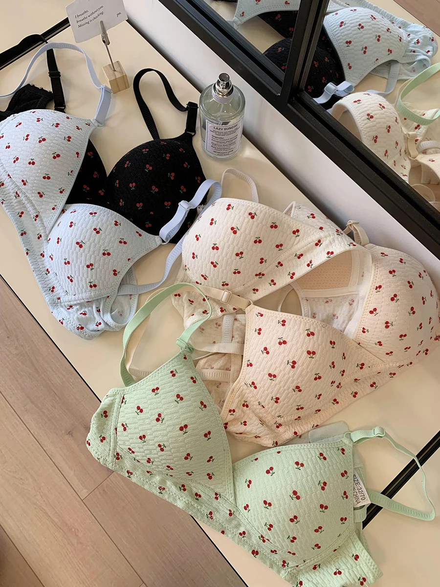 MOYISU Desire Korean Version of Sweet Cherry Print Breathable Triangle Cup Underwear Women's Thin Comfortable Anti-sag Small Bra