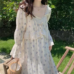 Spring Nightgown Women Sweet Floral Nightdress Long Sleeve V-Neck Koren Style Princess Home Dressing Gown Autumn Loose Nightwear