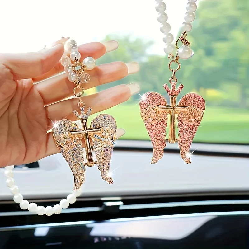 1 Piece with Random Color, Angel Wings Car Decoration Pendant, Cross Pendant, Elegant Rearview Mirror Decoration, Perfect Car Accessory Gift, Car Decoration