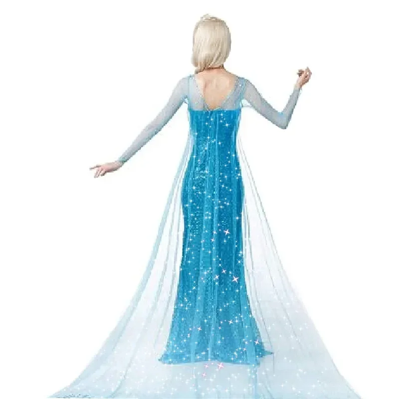 Frozen Elsa Princess Long Dress Sequin Mesh Costume Adult Snow Queen Party Halloween Carnival Cosplay MN3