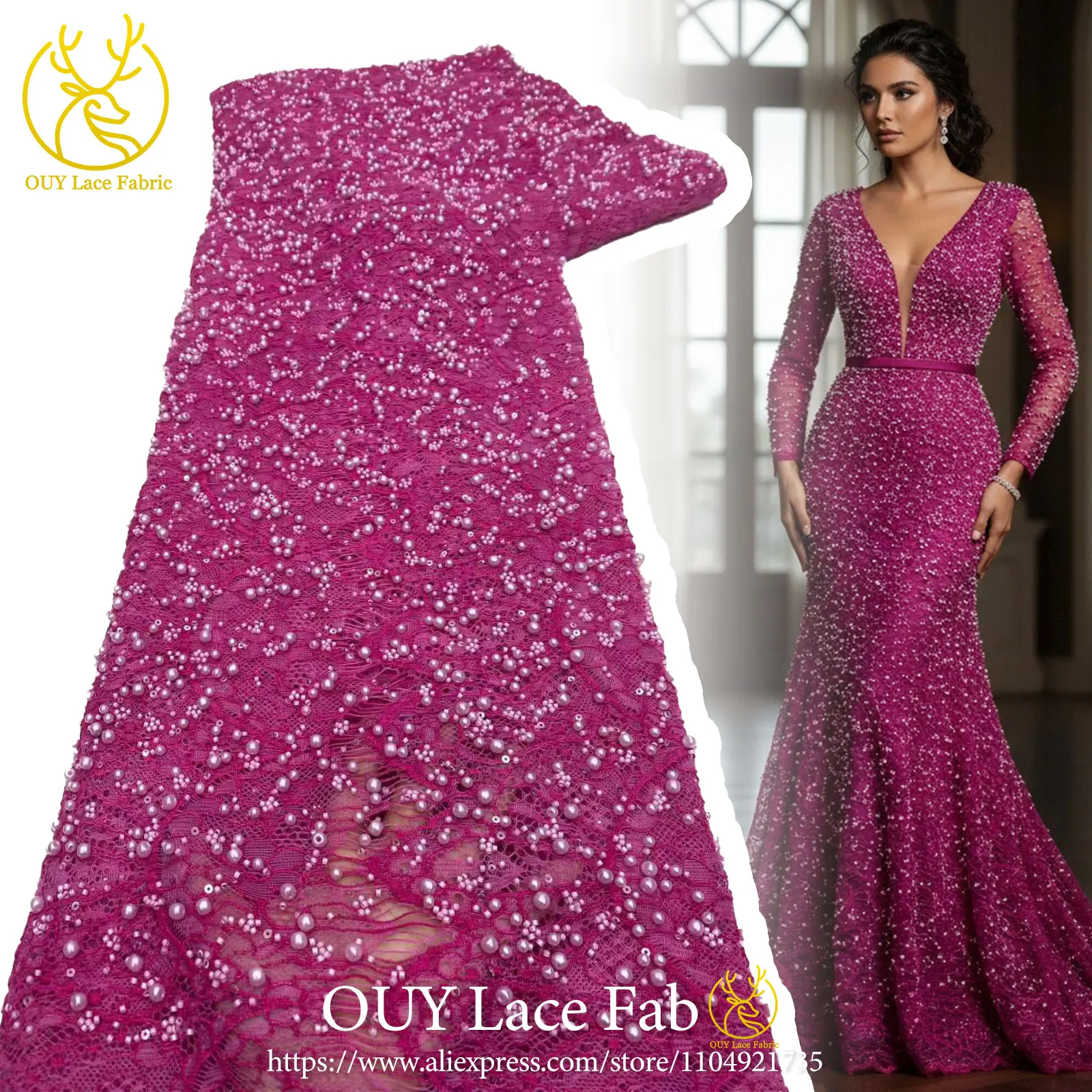 

African Handmade Beaded Lace Fabric 2026 Elegant French Nigerian Pearl Lace Fabric Suitable For Sewing Women's Party Dresses.