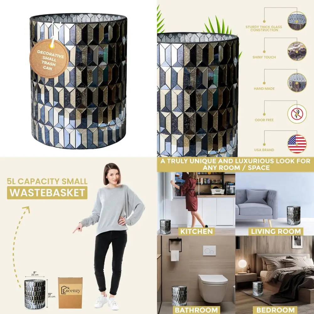 

Luxury Mosaic Glass Bathroom Trash Can - 6L Decorative Small Waste Basket for Restroom, 8x10 Inches