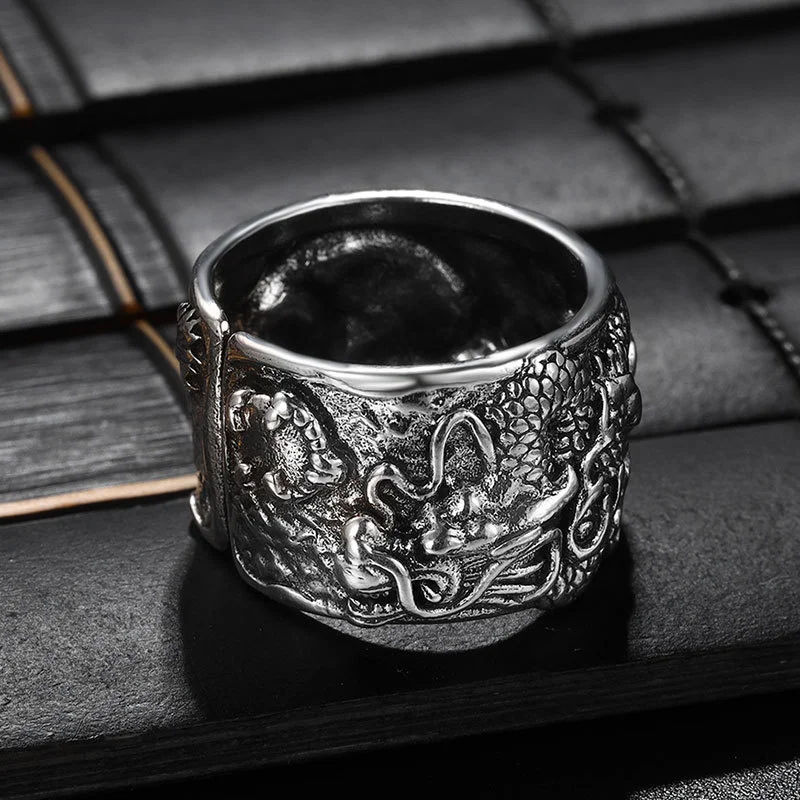 Domineering Relief Dragon Ring Men Jewelry Ethnic Style Zodiac Aniaml Design Male Index Finger Ring Open Size