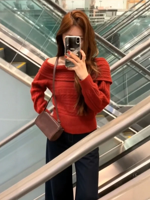 

Cisas New Year Red One oulder Long Sve Knitted Sweater Women's Autumn Winter New Sle Ele Top Breathable Soft