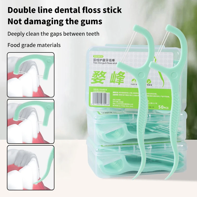 50 Pz Doppia Linea Filo Interdentale Arco Usa E Getta Filo di Plastica Portatile Pulizia Orale Menta Filo Interdentale Aromatizzato Denti Per Adulti Strumenti di Igiene Orale