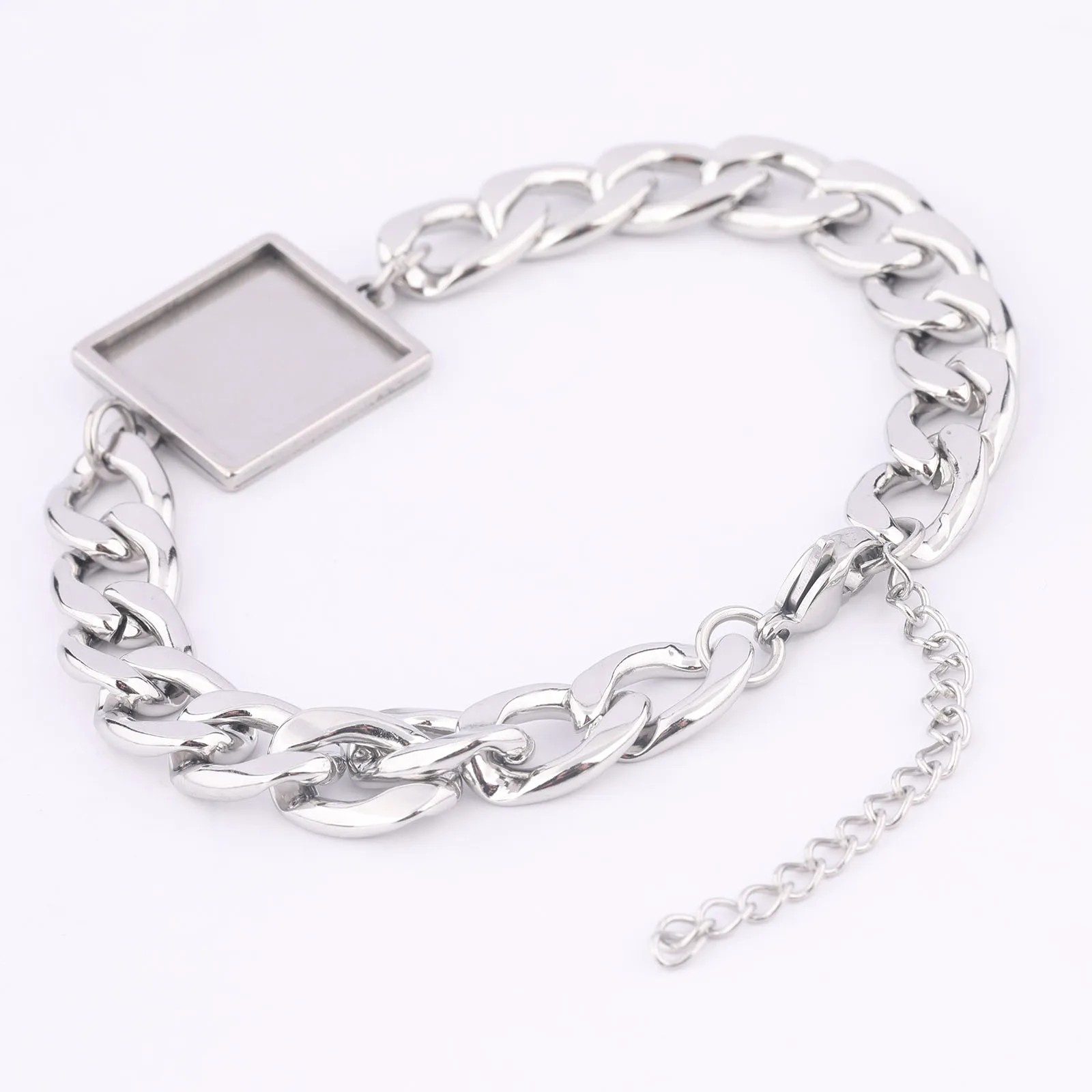 

2pcs Stainless Steel 9.1mm Wide Curb Chain Bracelet Base Blanks Fit 15mm Square Cabochon Bracelets Bezel Settings