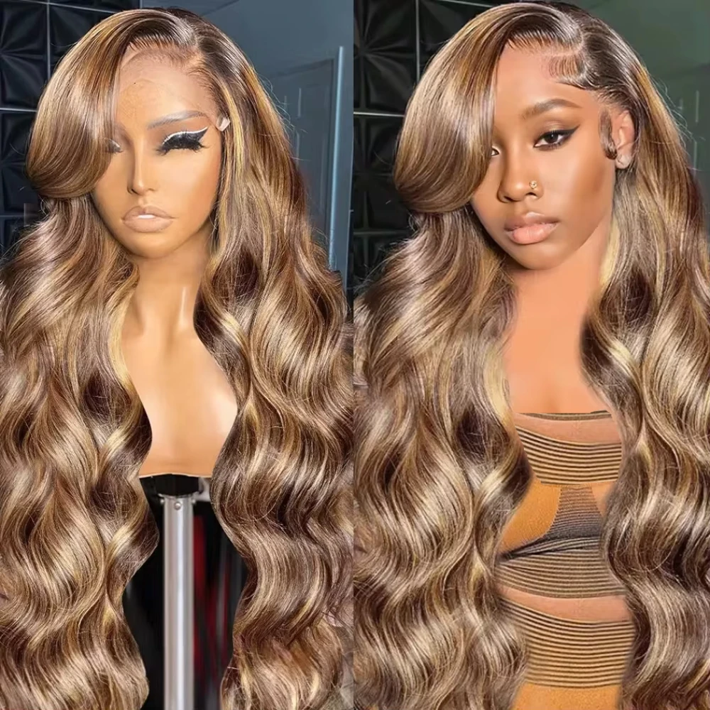 

4/27 Colored Honey Blonde Ombre 100 Human Hair 46 Inch 13X6 HD Lace Frontal Wig Highlight Body Wave Pre Plucked Lace Frontal Wig
