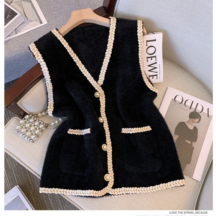 Korean Style Mink Velvet Vest Elegant Chic Pearl Single Breasting Women Waistcoat Autumn V-Neck Sleeveless Cardigan Coat U1378