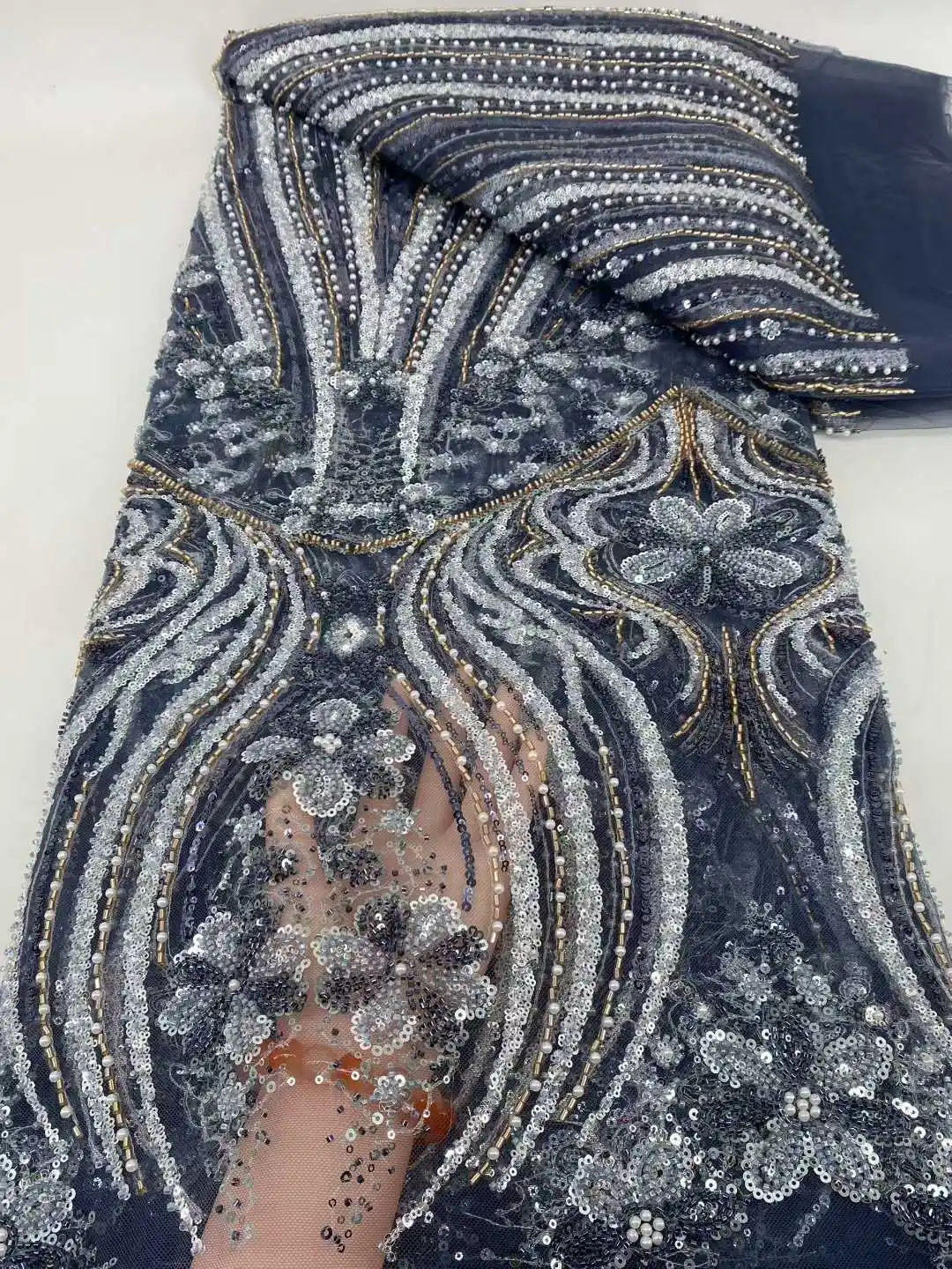 

African Beaded Lace Fabric 2025 High Quality French Sequins Lace Fabric Wedding Nigerian Net Lace Fabrics 5 Yards Dresses Sewing