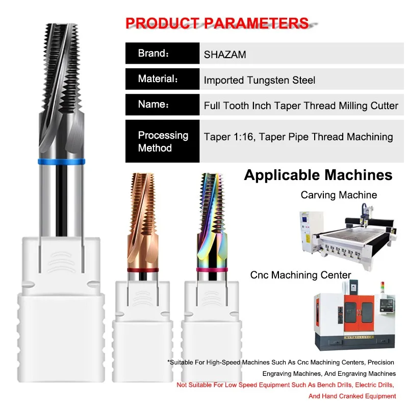 SHAZAM US/Inch Taper Thread Milling Cutter G/PF/RC/PT/NPTF Tungsten Steel Carbide Nano Coating Sealed Machining Center With Tool