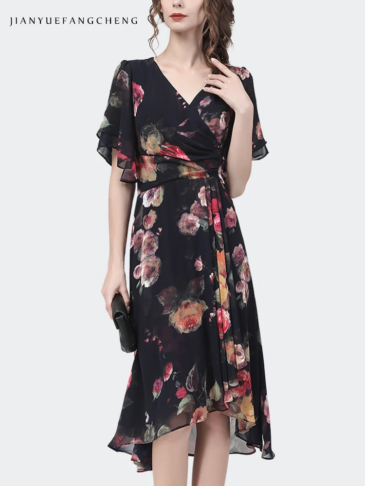 Fashion Womens Summer Chiffon Floral Dress Short Sleeve V-Neck High Waist A-Line Irregular Swing Mid-Length Casual Party Dresses