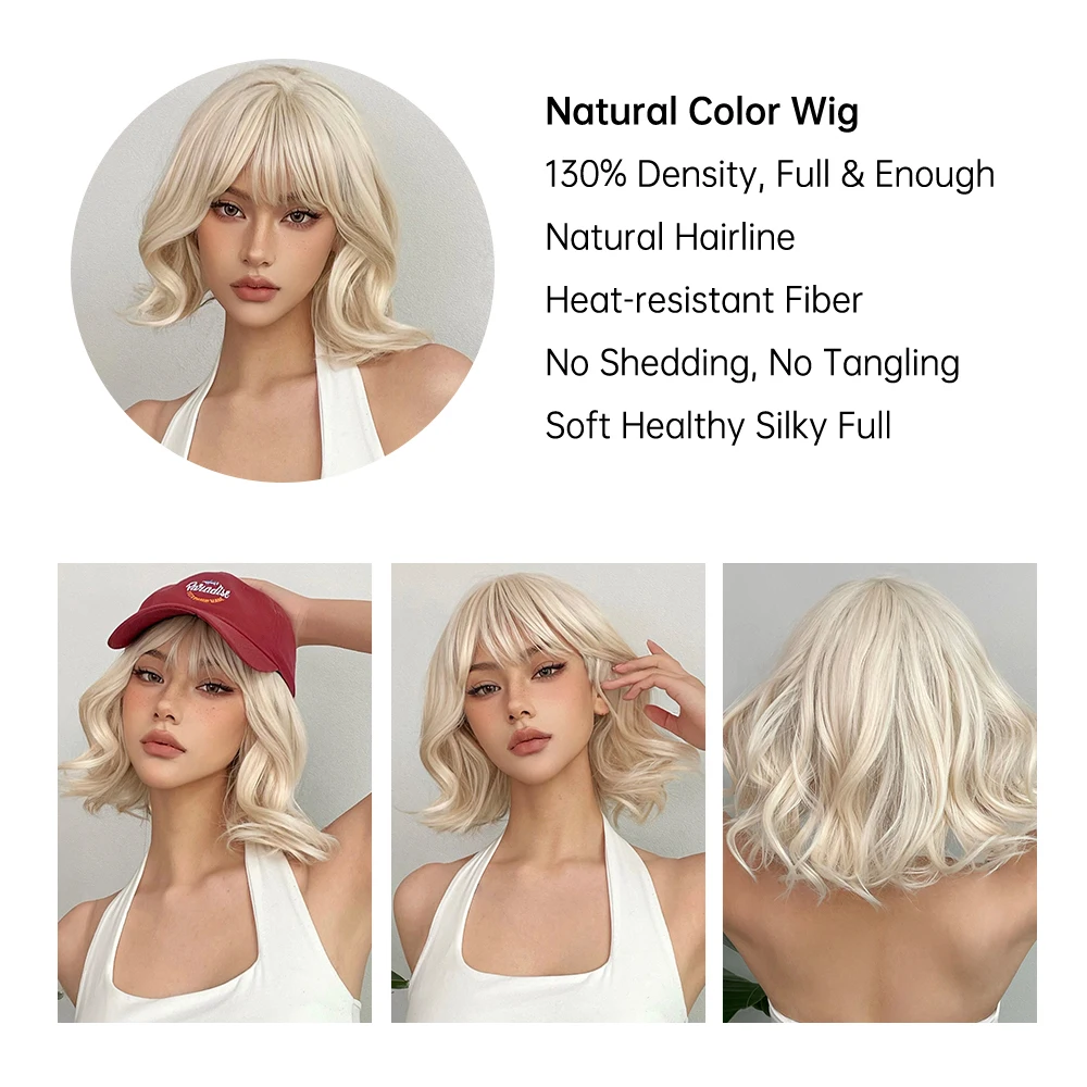 ALAN EATON Wig rambut Bob gelombang pendek Platinum, Wig sintetik pirang muda dengan poni tahan panas untuk wanita rambut Cosplay Lolita