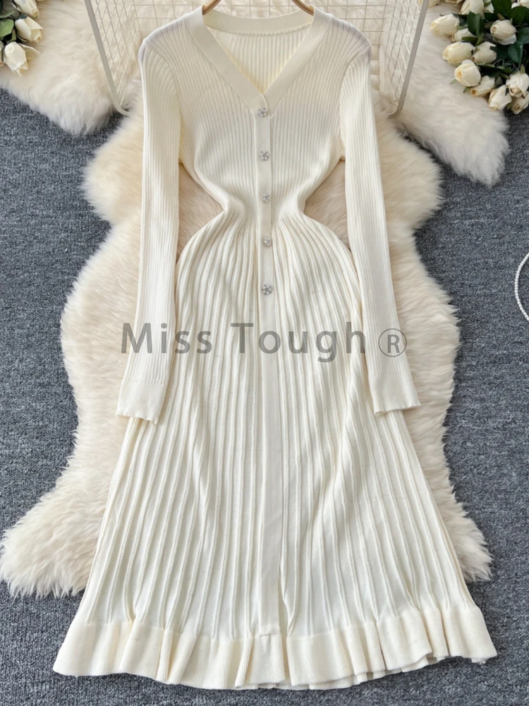 Autumn French Retro Knitted Elegant Long Dress Women Design V-neck Single Breasted Dresses Female Fashion Solid Slim Clothes New