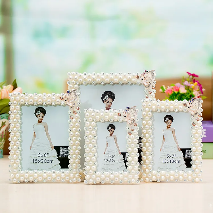 6/7/8inch pearl alloy photo frame, creative rural butterfly pearl inch-sized wedding photo display stand,heavy-duty photo frame
