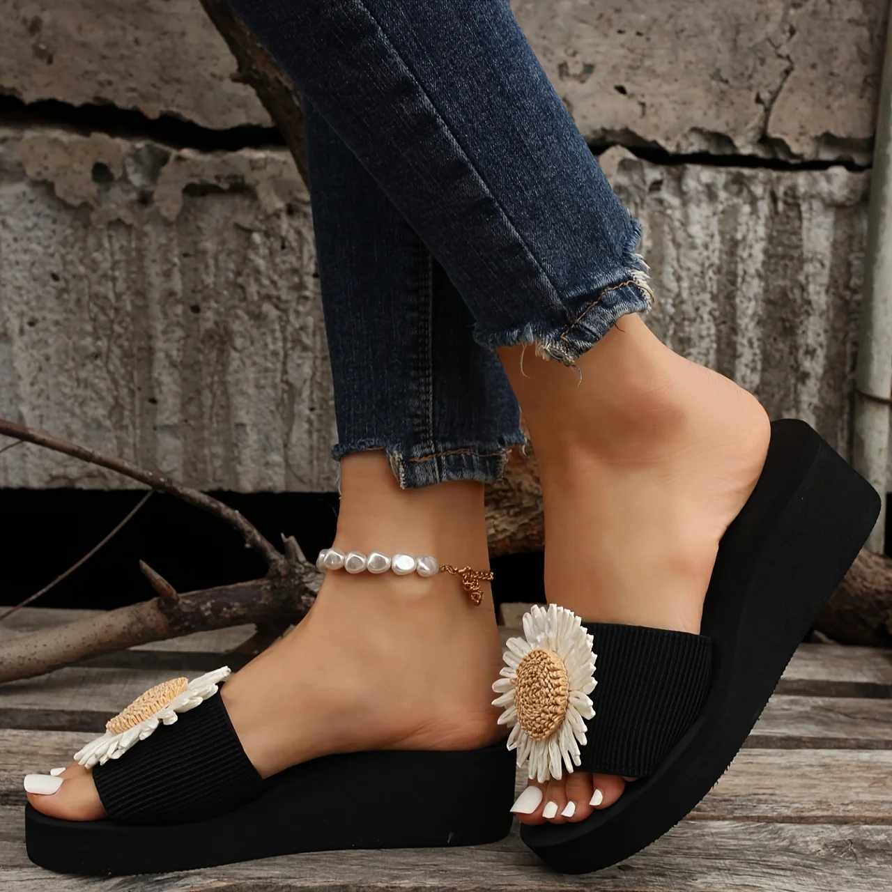 5cm Absatzhöhe Sonnenblumen Einfache Einriemen-Sandalen für Damen – Detail 4