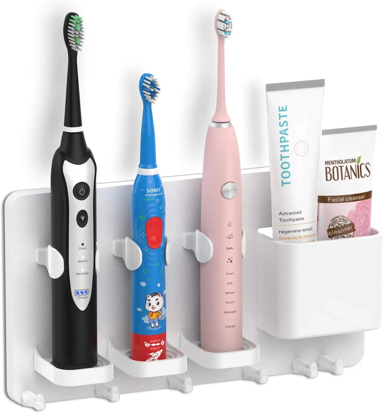

Wall Mounted Electric Toothbrush Holder with Adhesive, Razor Hanger and ABS Organizer Box for Bathroom in White