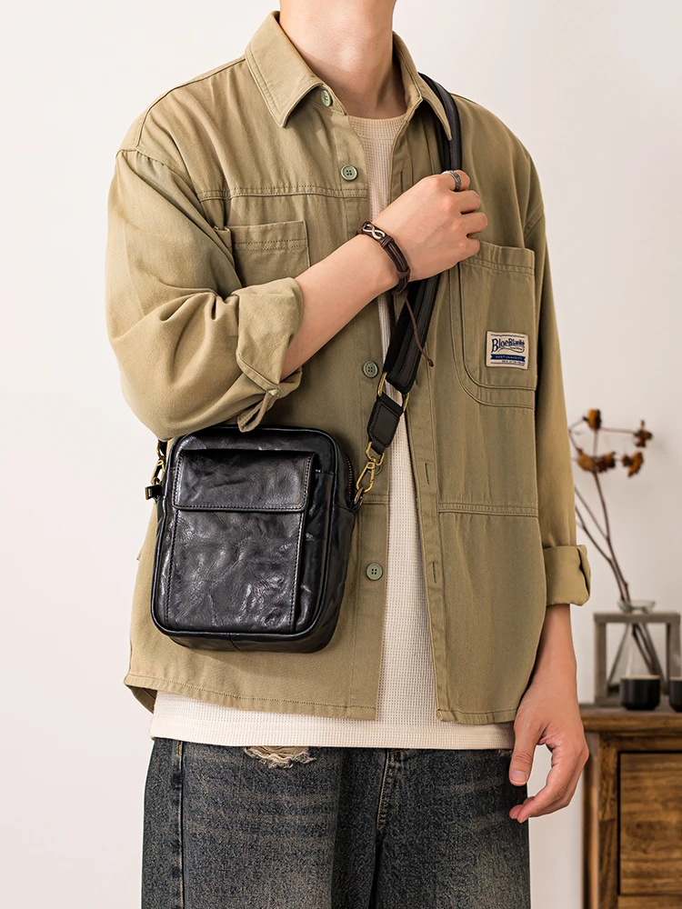 Outdoor daily casual first layer cowhide men's mobile phone bag weekend party luxury genuine leather shoulder crossbody bag