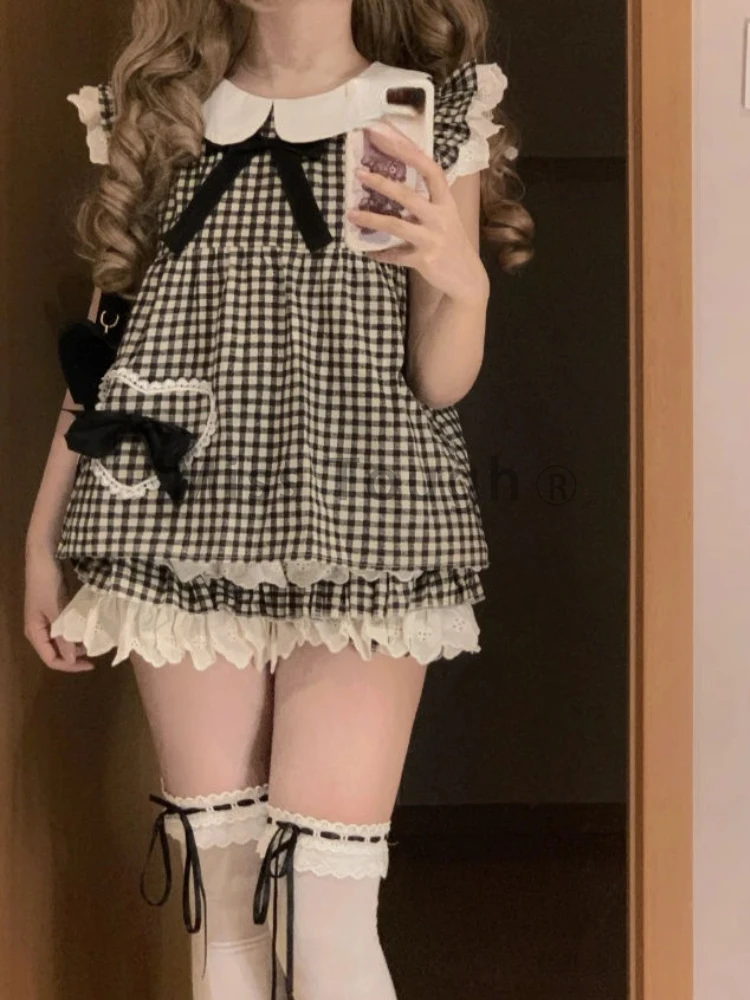 Conjunto de ropa Kawaii LolitaTwo para mujer, Tops de encaje a cuadros + minifaldas de pastel para mujer, traje ajustado de retazos Y2k, 2024