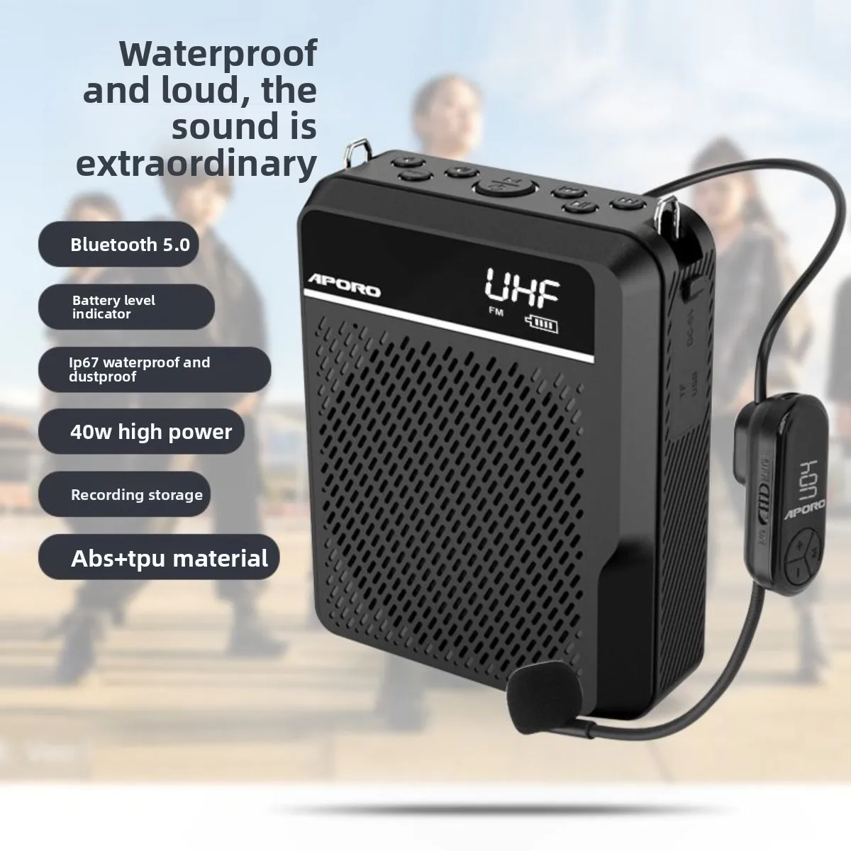 For APORO T28 Wireless Megaphone, 40W Waterproof Portable Speaker with Bluetooth & USB for Teachers Tour Guide