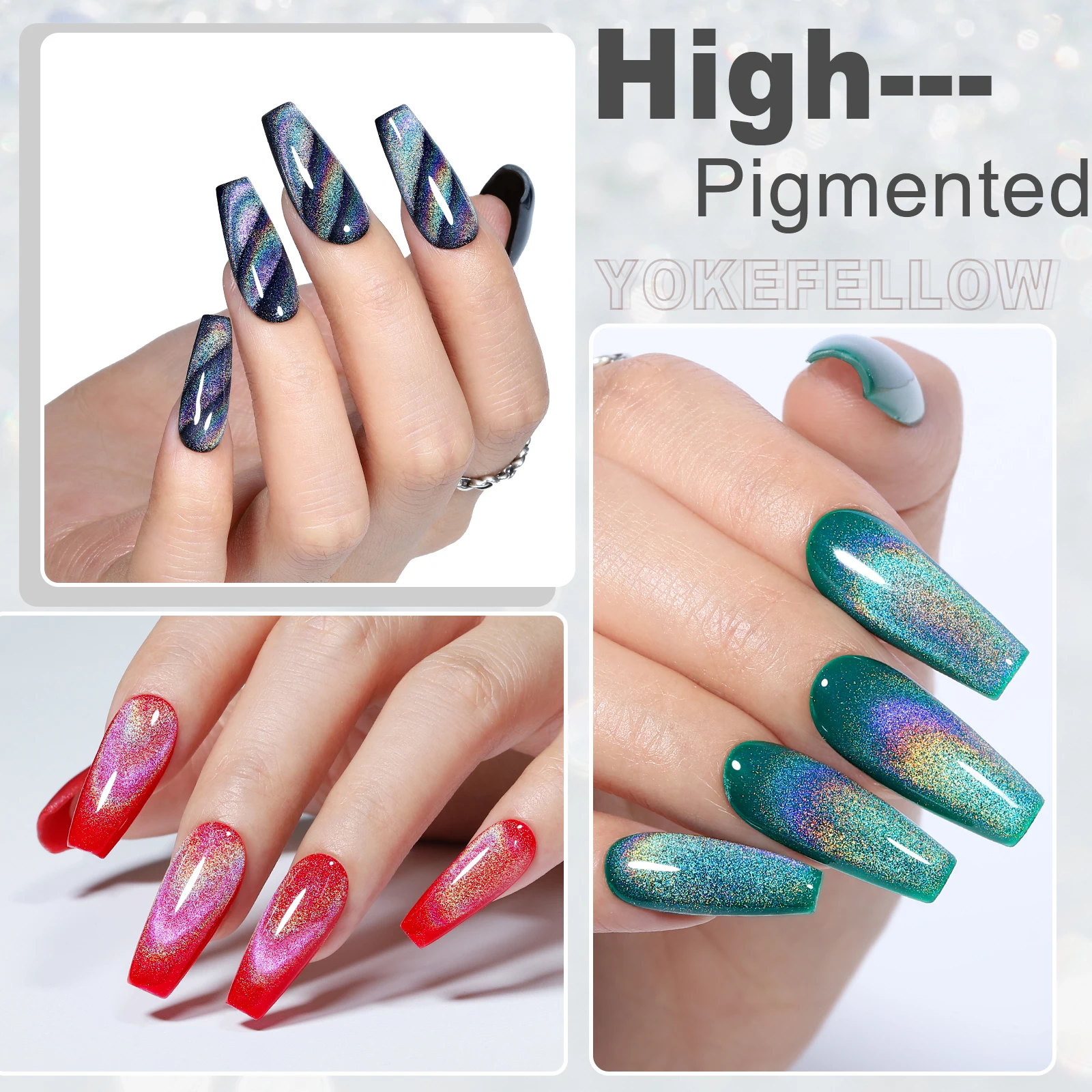 YOKEFELLOW Rainbow Cat Eye Gel Polish Magnetic Omnipotent Silver Holographic 9D Cat Magnetic Gel Nail Polish Sparkle Gel Polish