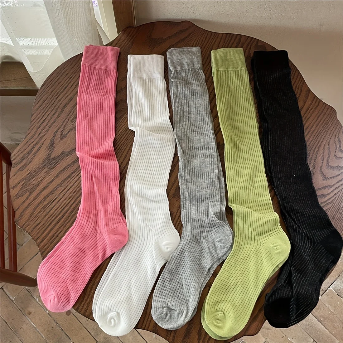 1 pair of spring and summer stacked socks  Korean vertical striped long tube socks  versatile solid color socks