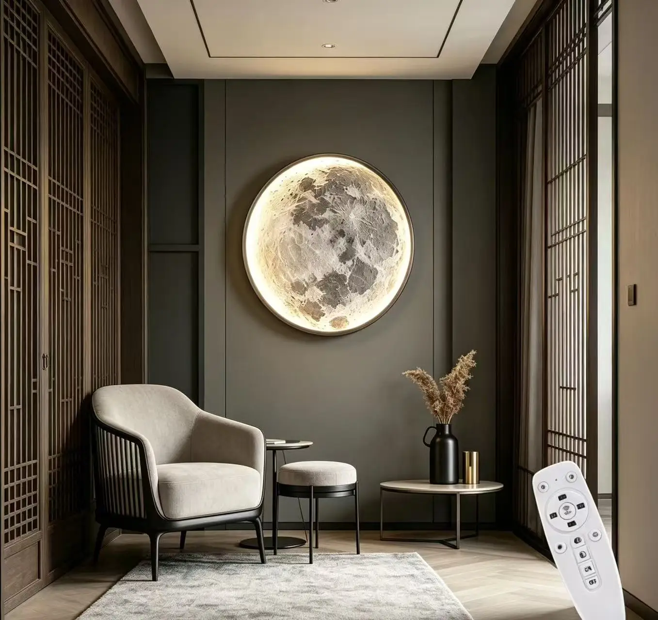 LED Wandleuchte Dimmbar mit Fernbedienung, Ø80cm Mond Wandlampe mit Schalter und Stecker, Modern Art Deco Mond Lampe Wand Wohnzimmerlampe Innen groß Vollmond Wandbeleuchtung Dekoration Deckenlampe