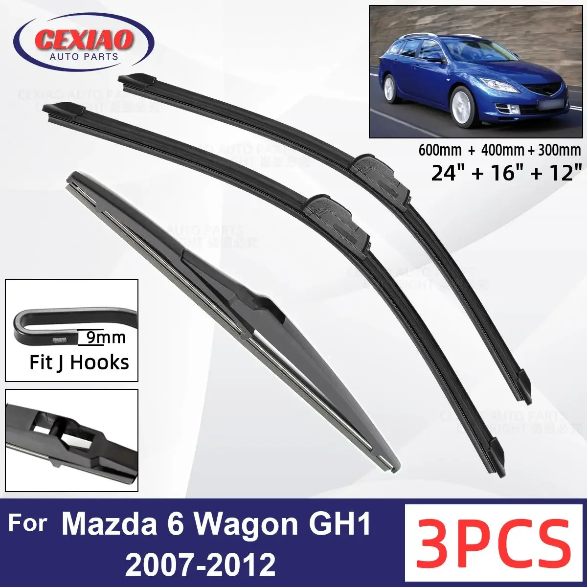 

For Mazda 6 Wagon GH1 2007-2012 Car Front Rear Wiper Blades Soft Rubber Windscreen Wipers Auto Windshield 24"+16"+12" 2010 2011