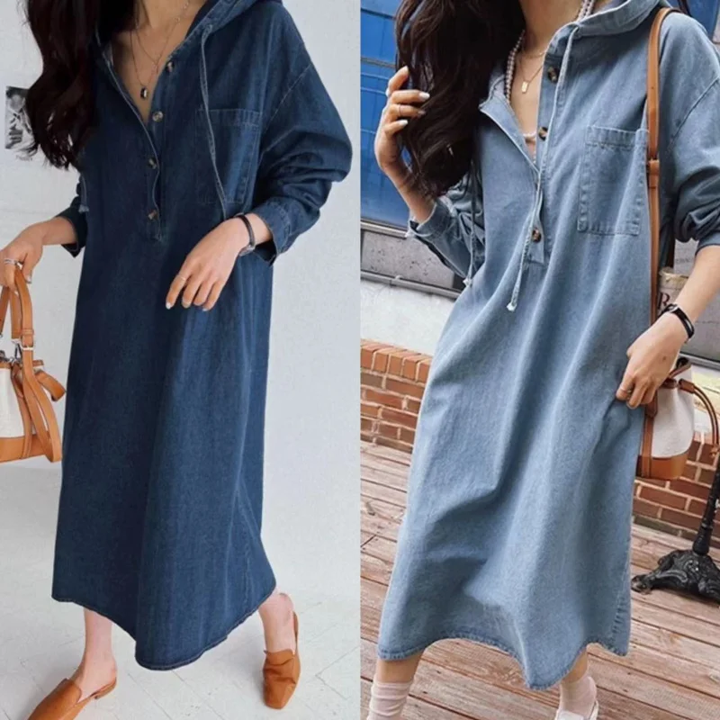 Korean Style Spring 2025 Long Sleeve Hooded Denim Dress Casual Max-Length Jeans Women\'s Fashion Robe Female Clothing K6206