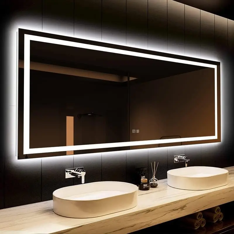 55 x 36 Inches LED Bathroom Mirror with Front and Backlit,Anti-Fog,3 Colors and Dimmable Light(Horizontal/Vertical), Sil