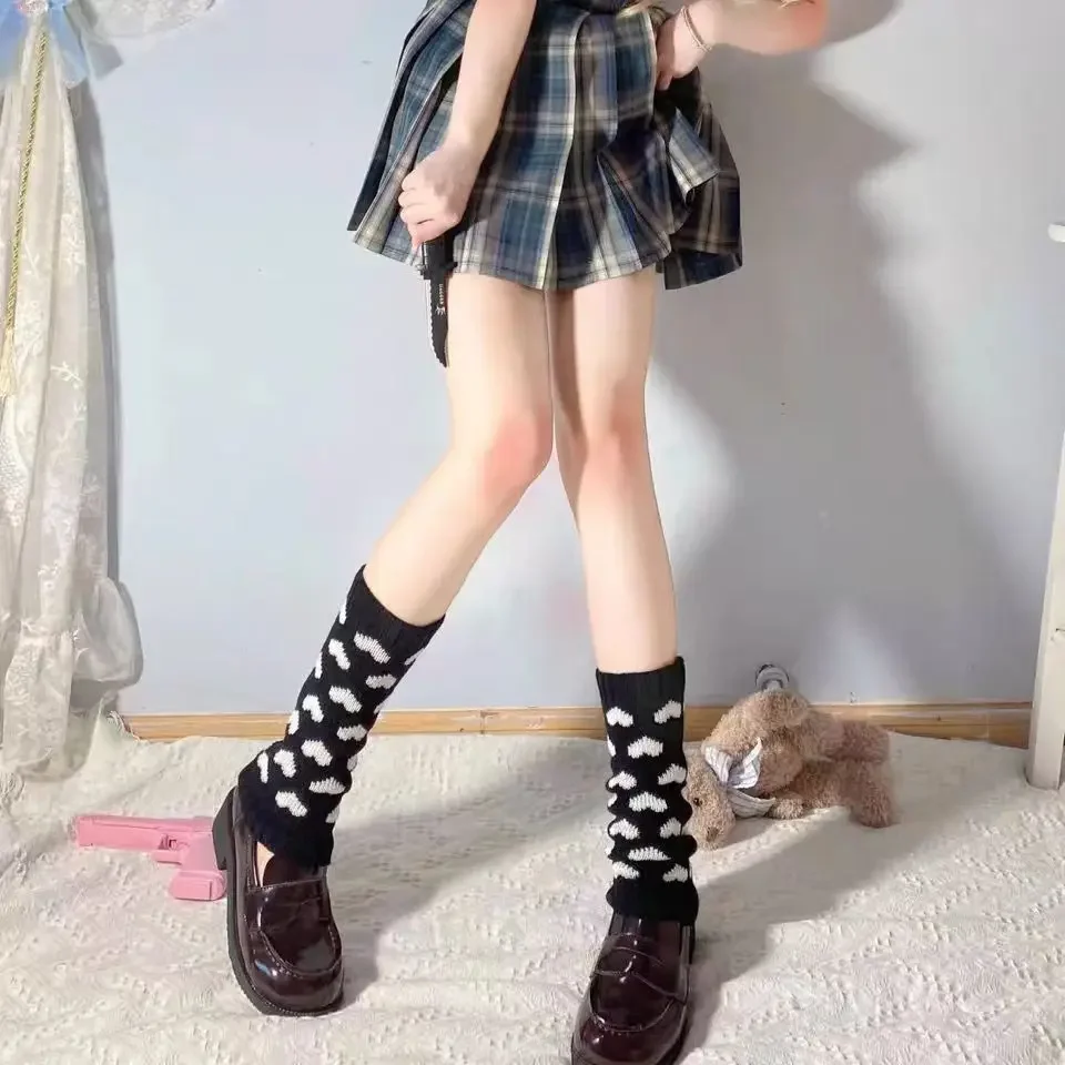 Preto rosa y2k jk lolita meninas coração malha perna aquecedores lã bola de malha pé capa gótico cosplay feminino amor impressão heap meias