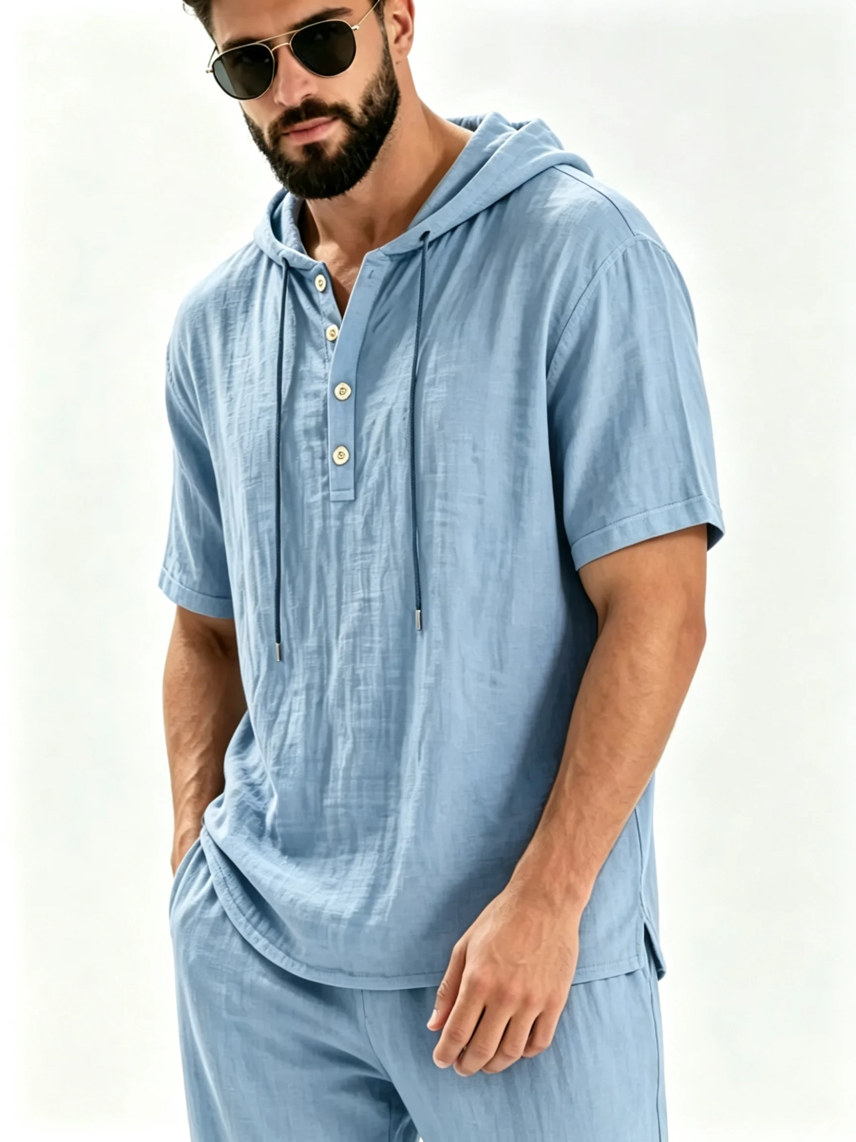 Mens Cotton Linen Hooded Henley Shirt Short Sleeve Drawstring Breathable Casual Summer Beach Top