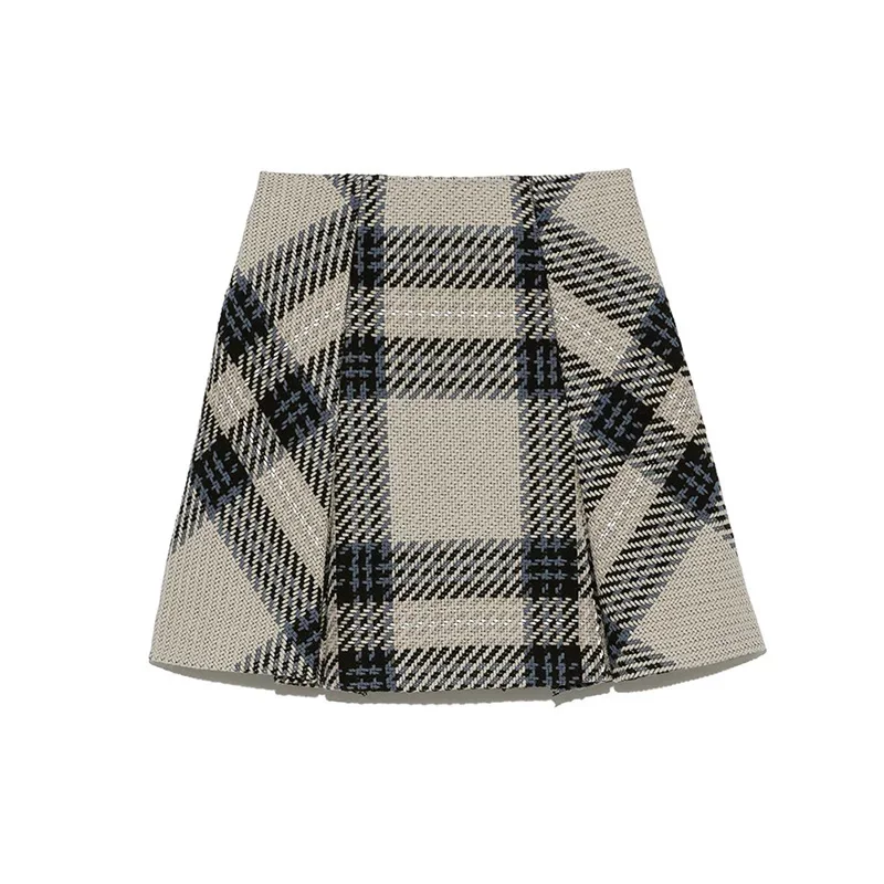 2023 Autumn New Product Women's Clothes Japanese Style Elegant Retro High Waist Rough Yarn Plaid Wool Skirts Slim Fit Mini Skirt