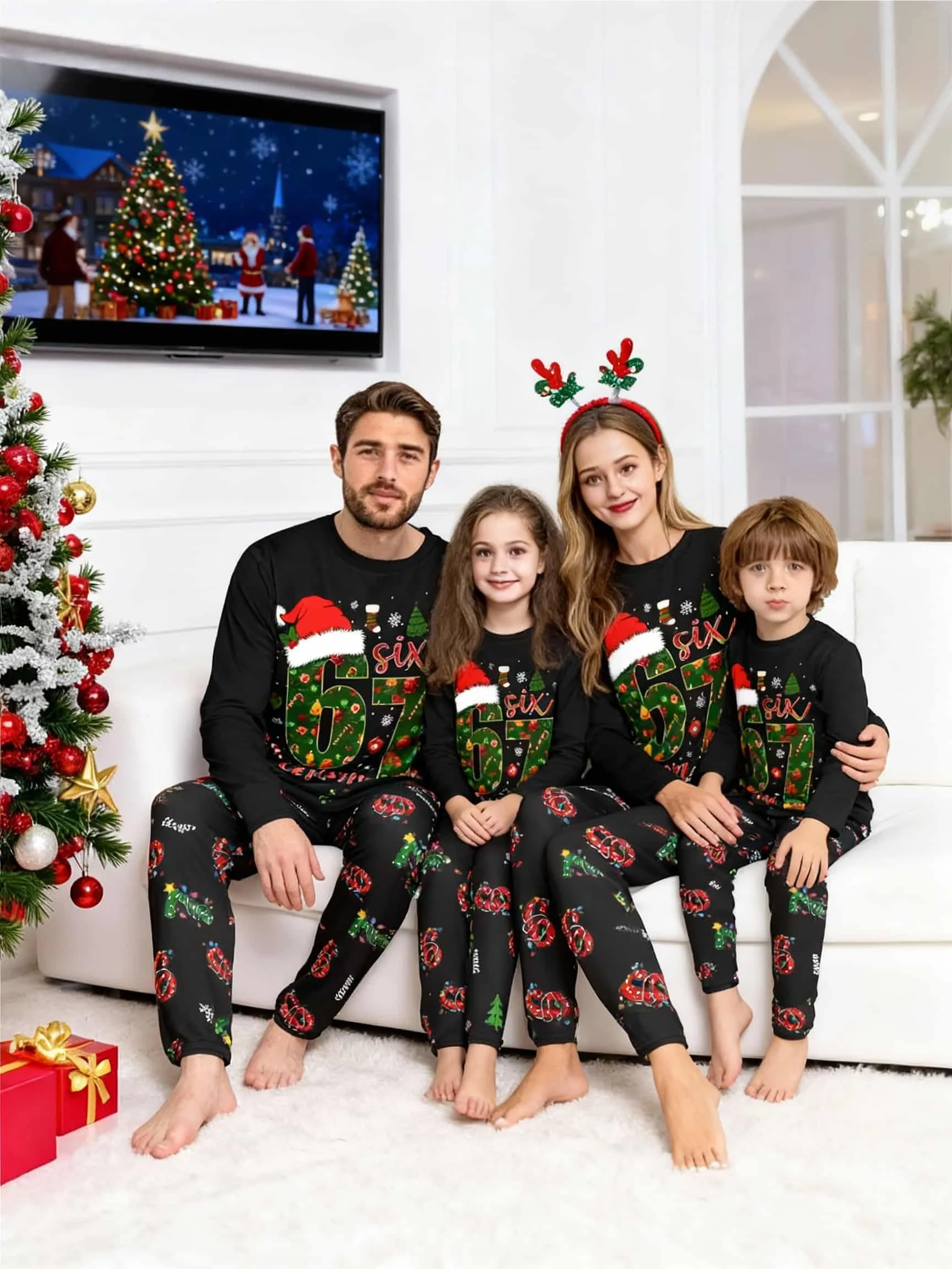 [Men/Women] Couple Style New Year Gift Christmas Hat Print Long-Sleeve Long-Pants Pajama Set Christmas Pajamas Loungewear Men's or Women's Children's Pajamas Parent-Child Matching Holiday Loungewear Set