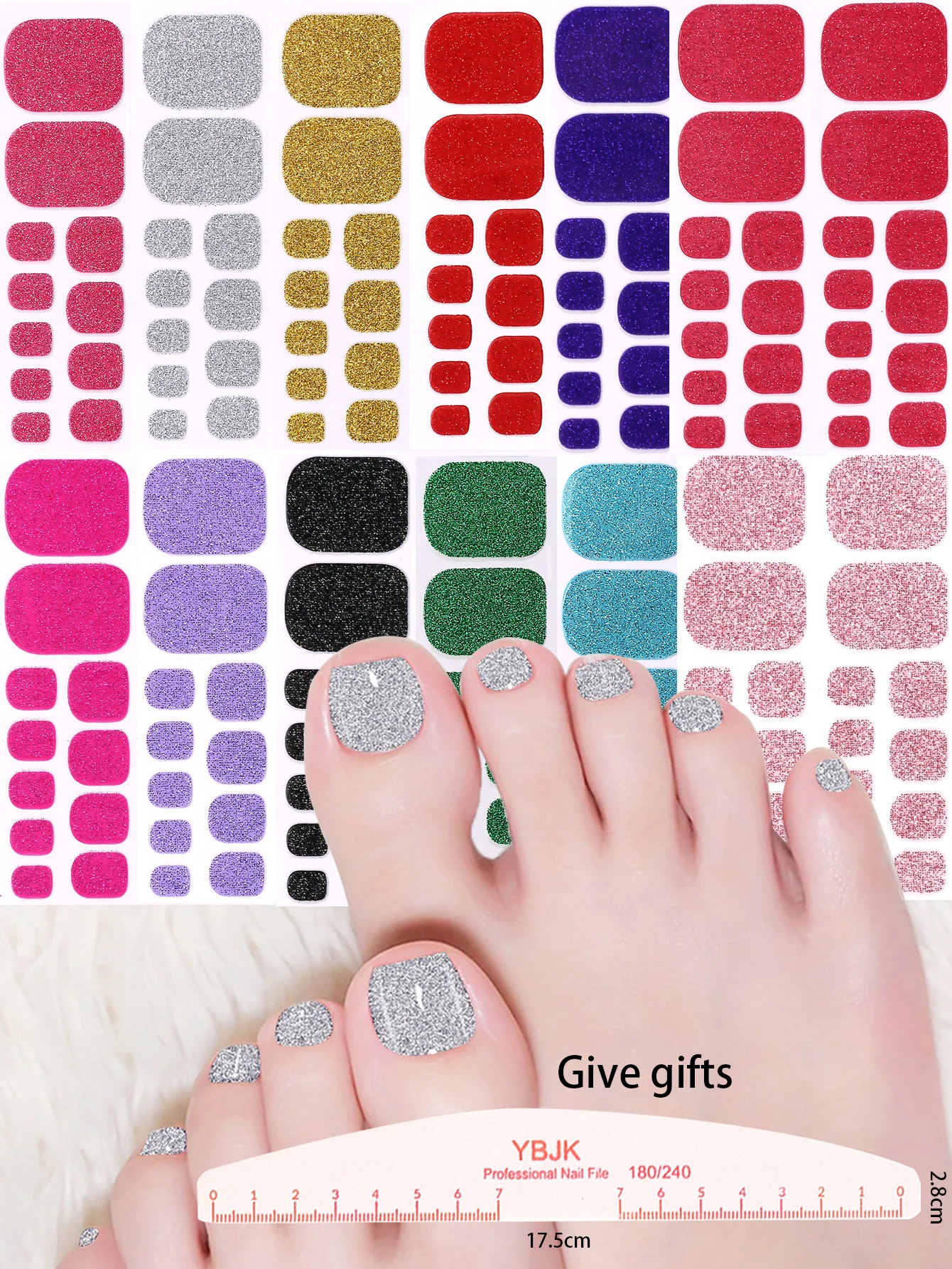 264 Pieces, 12 Sheets of Glitter Toenail Stickers, Comes with 1 Nail File, Solid Color Full Nail Stickers, Adhesive Toenail Stickers for Women (Bright Colors)