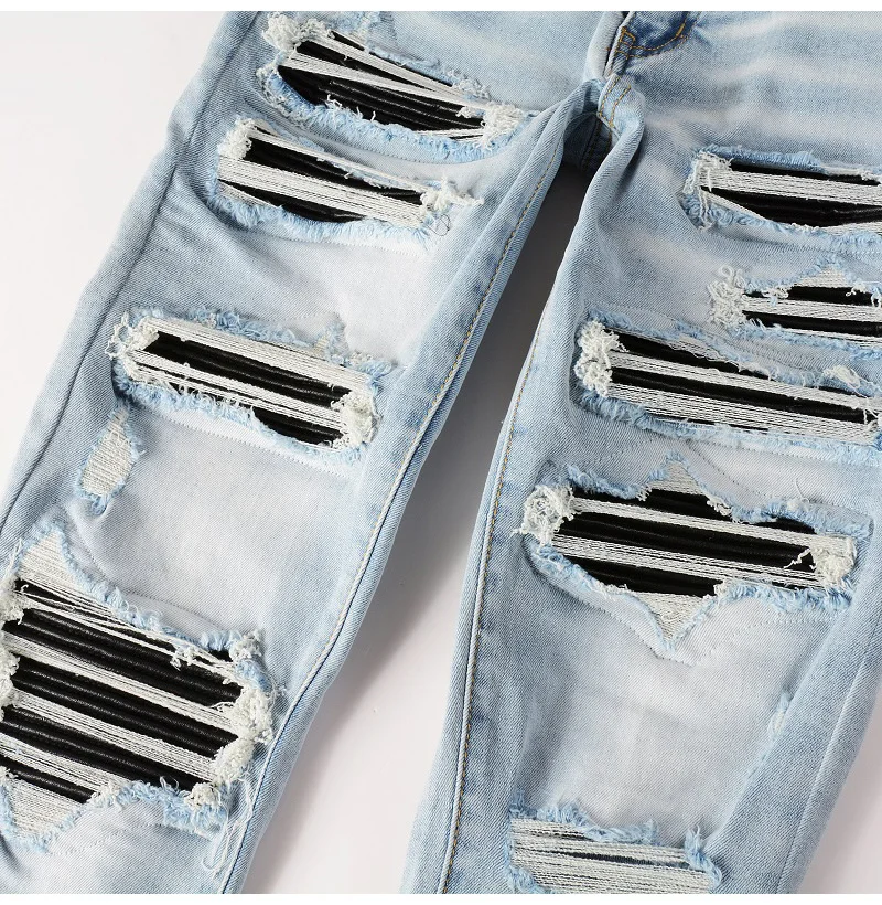 Herren Schwarze Plissierte Patch-Biker-Jeans Streetwear Hellblaue Stretch-Denim-Hose Zerrissene Skinny Tapered Hose – Detail 8