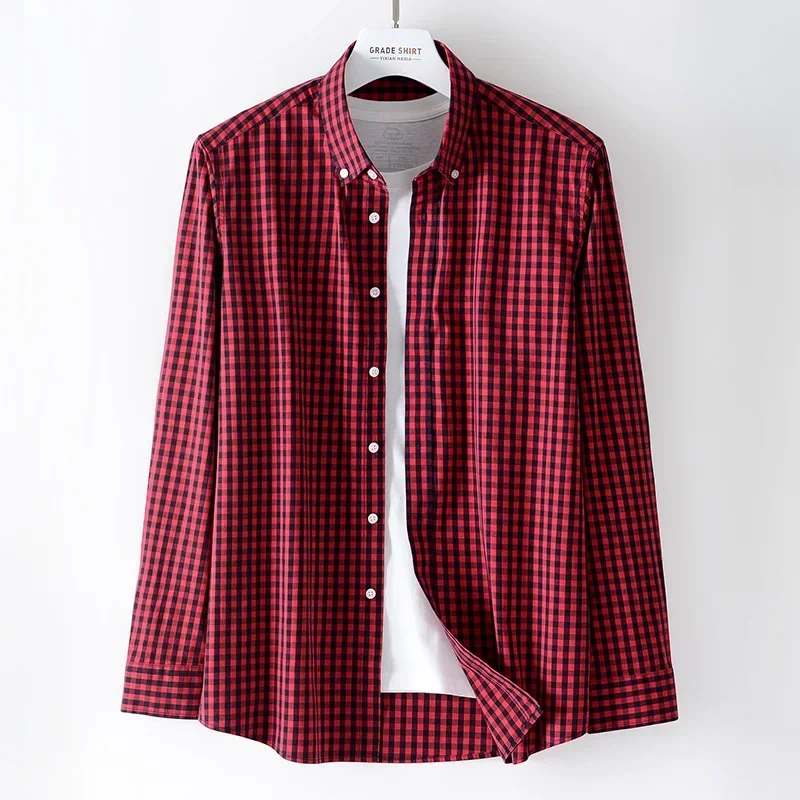 Lässige elastische Langarm hemden für Männer dünne Single-Pocket-Tops Plaid Social Slim Fit Shirt Ternds Mode Kleidung Streetwear