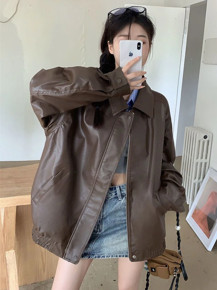 سترة نسائية من البولي يوريثان بتصميم عتيق لراكبي الدراجات النارية الأمريكية ملابس خروج فضفاضة بأكمام طويلة معطف هاراجوكو لخريف وشتاء ملابس علوية نسائية غير رسمية عالية الجودة جديدة #3