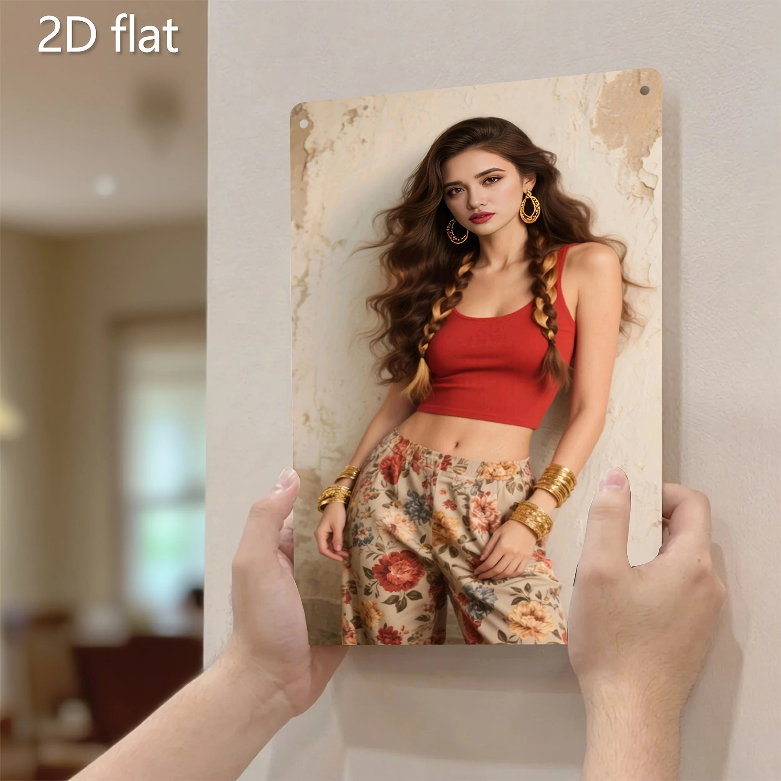 HD Metal Tin Sign Boho Braided Hair Beauty Red Crop Top Poster Vintage Wall Art Decor for Home Living Room Bedroom Bar
