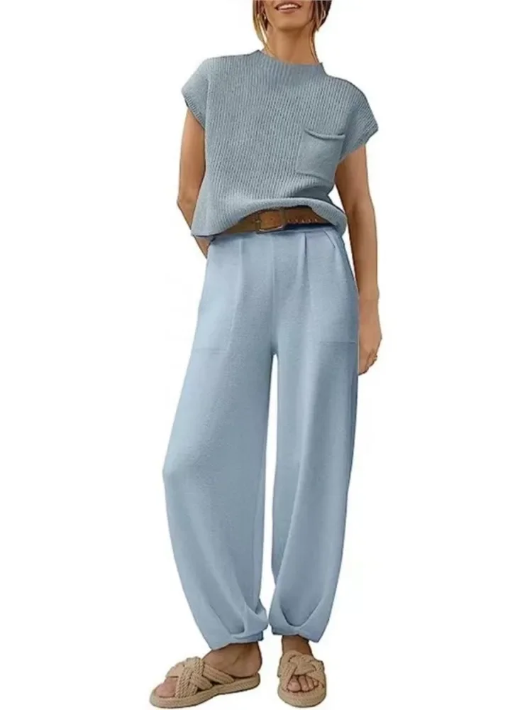 

CPSYMYM Модные длинные брюки с короткими рукавами, однотонная футболка с короткими рукавами, женский комплект из 2 предметов, повседневный элегантный женский офисный длинный комплект