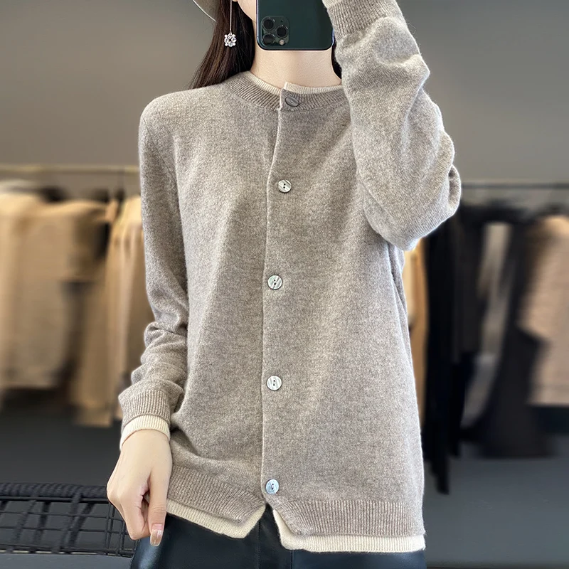 2024 autumn/winter cashmere cardigan sweater knitted cardigan long sleeved cashmere cardigan spliced sweater cardigan