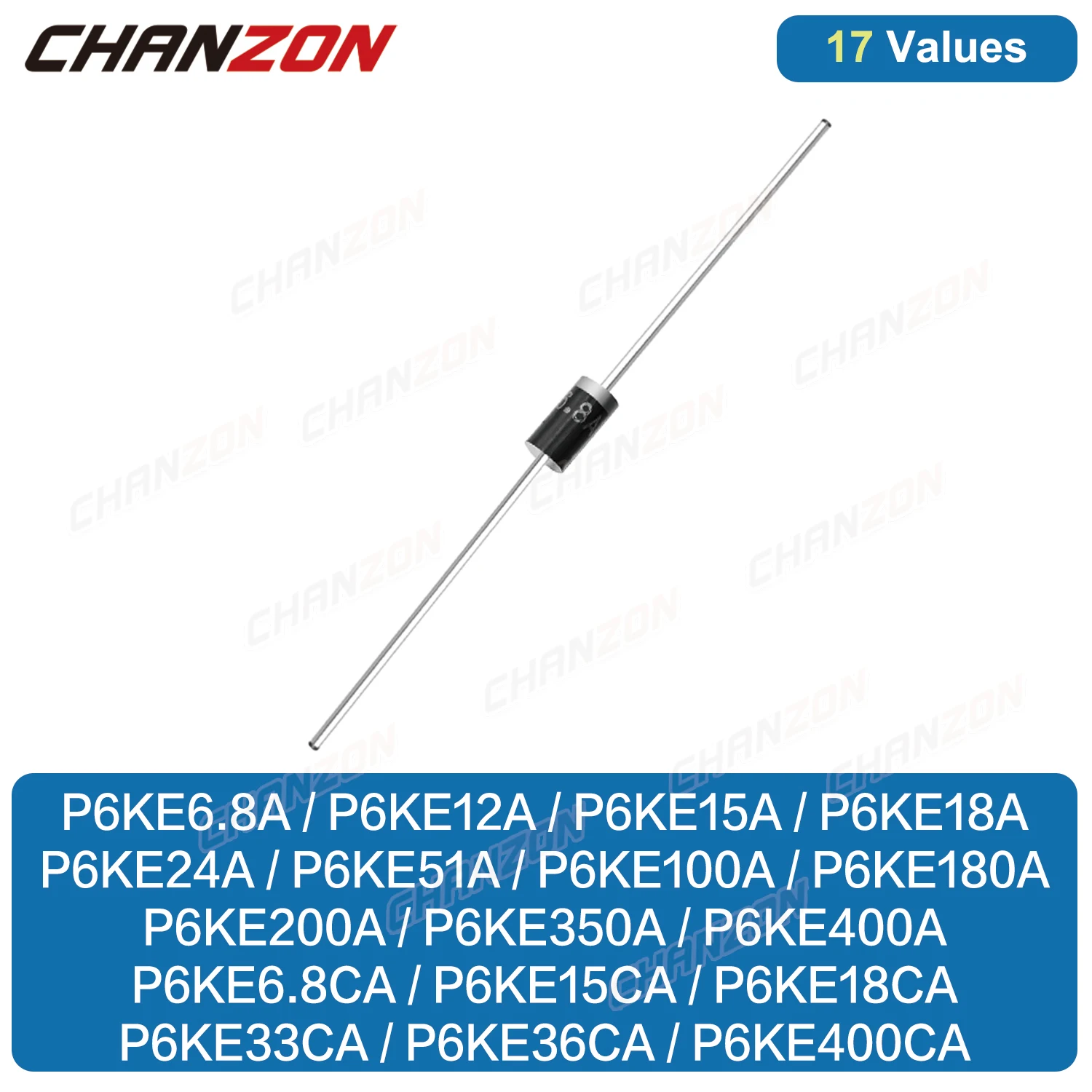 17Values TVS Diode DO-15 P6KE6.8A P6KE12A P6KE15A P6KE18A P6KE24A P6KE51A P6KE100A P6KE180A P6KE200A P6KE350A P6KE400A P6KE6.8CA