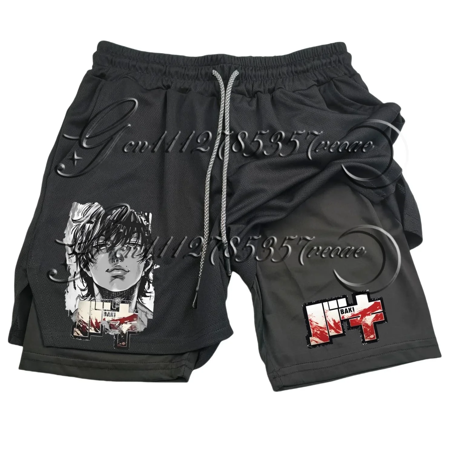 

Anime Hanma Baki Gym Shorts Black for Men 2 In1 Mesh Quick Dry Board Shorts Mens Bodybuilding Fitness Running Short Pants Summer