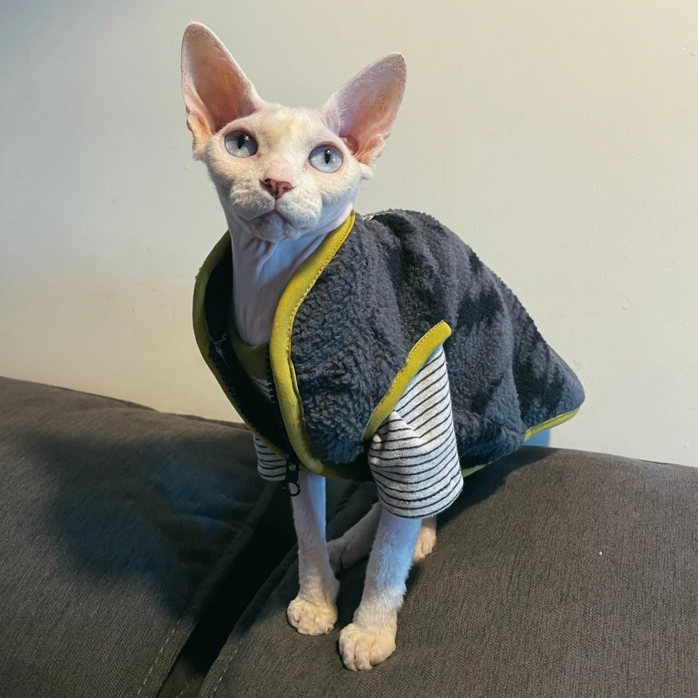 Soft Fleece Grey Sweater for Sphinx Cat Winter Cardigan Jacket for Kittens Short Sleeves Warm Vest Devon Rex Windproof Coat