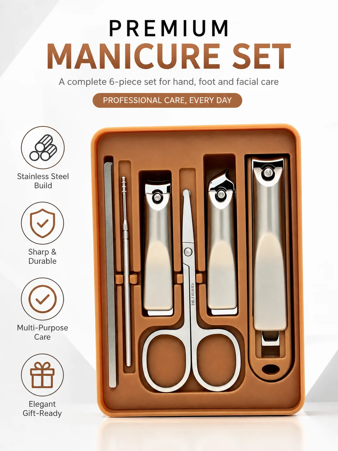 6Pcs Manicure Set Nail Care Kit, Stainless Steel Nail Clippers, Scissors & File, Portable Grooming Tools for Hand & Foot Care