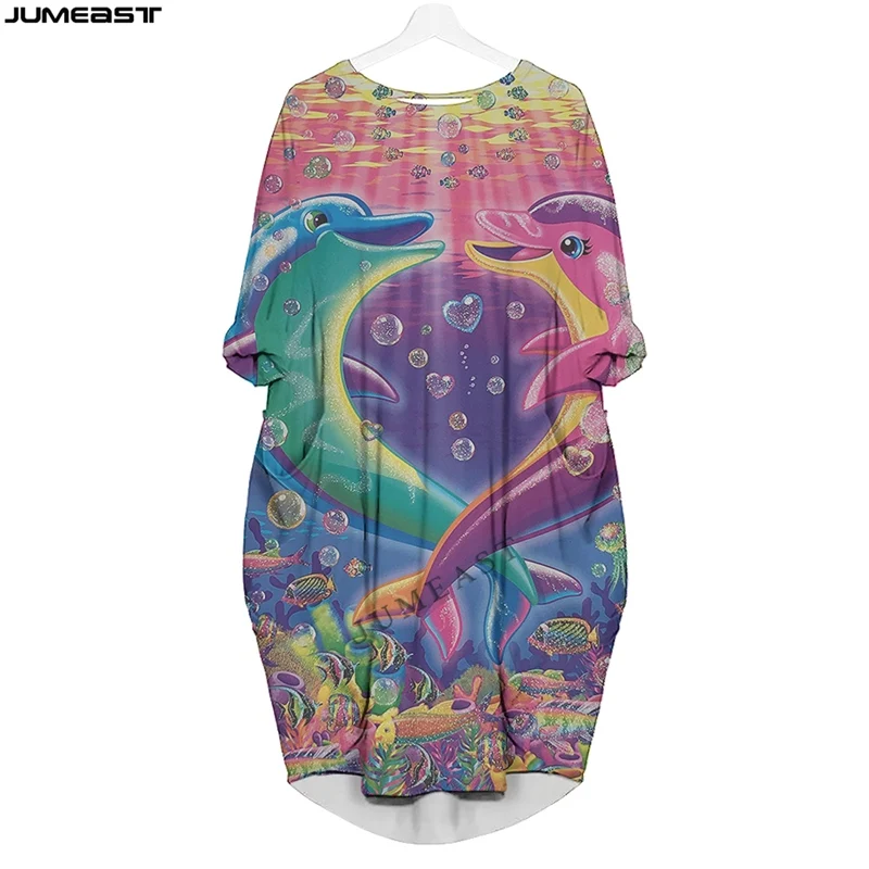 Jumeast Women Batwing Pocket Dress Oversized Female Cartoon Animal Fish Dolphin Pullover Dresses Summer Skirt Nightdress